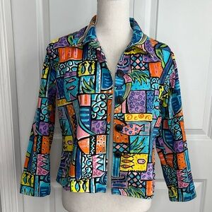 Lifestyle Petite Vintage Multicolor Abstract Print Short Jacket Sequin Bead Fish